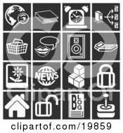 Poster, Art Print Of Collection Of White Icons Over A Black Background Including A Magnifying Glass And Globe Book Alarm Clock Computer Basket Messenger Speaker Calculator Flower Picture News Cubes Padlock House Blog And Joystick