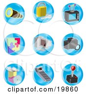 Poster, Art Print Of Collection Of Telescope Padlock Television Puzzle Computer Camera Disc Calculator And Joystick Color Icons On A White Background