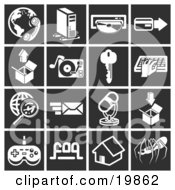 Clipart Illustration Of A Collection Of White Icons Over A Black Background Including A Phone And Globe Computer Tower Cd Credit Card Box Record Player Key Person Typing Magnifying Glass And Globe Email Microphone Video Game Controller House