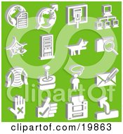 Poster, Art Print Of Collection Of White Letter And Globe Arrow And Globe Connection Network Dog File Letter Joystick Messenger And Hand Icons Over A Green Background