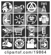Clipart Illustration Of A Collection Of White Icons Over A Black Background Including A House Computer And Globe Signals Tower Letter Lightbulb Messenger Printer Research Shopping Cart Hourglass Stop Light Writing Eyeball And A Video Camera