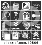 Clipart Illustration Of A Collection Of White Icons Over A Black Background Including An Eye Over A Globe Cash Register Arrow Magnifying Glass Thought Bubble Home Flashlight Letters Telephone Networking Files And Film Reel