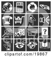 Collection Of White Icons Over A Black Background Including A Home And Globe Newspaper Refresh Arrows Padlock Phone Over A Computer Shopping Cart Hand Pointing Speaker Magnifying Glass Fire Video Camera Www Globe And Book