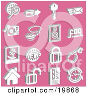Poster, Art Print Of Collection Of White Magnifying Glass And Globe Credit Card Key Email Record Player Messenger Speakers Faq Polaroid Picture News Padlocks Bomb Home Blog And Clock Icons Over A Pink Background