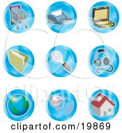 Clipart Illustration Of A Collection Of Shopping Cart Printer Briefcase File Magnifying Glass Headphones Globe Speakers And Home Color Icons On A White Background