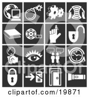 Poster, Art Print Of Collection Of White Icons Over A Black Background Including A Computer Over A Globe Bomb Cogs Letter Book Film Reel Reminder On A Finger Padlock Magnifying Glass Eye Messenger Clock Doorway And Flashlight