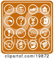 Collection Of Orange Web Icons Including A Magnifying Glass Disc Pointer Home Computer Mouse Question Mark Key Exclamation Point Padlock Speaker Www Screen Camera And Email