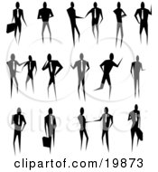 Silhouetted Collection Of Business People Conducting Business And Standing In Poses