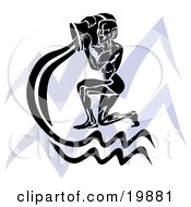 Clipart Illustration Of A Silhouetted Spirit Of Aquarius Over A Blue Aquarius Astrological Sign Of The Zodiac by AtStockIllustration