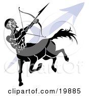Clipart Illustration Of A Silhouetted Centaur Shooting An Arrow Over A Blue Sagittarius Astrological Sign Of The Zodiac