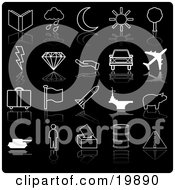 Poster, Art Print Of Collection Of Black And White Icons Of A Book Rain Cloud Crescent Moon Sunshine Tree Lightning Bolt Diamond Hand Car Airplane Luggage Flag Rocket Aircraft Carrier Person And Roadway On A Black Background