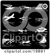 Collection Of White Silhouette Speed Icons Of An Envelope With Wings Race Car With Flames Race Car Tire Bird Jet Super Man Rocket Lightning Rabbit Runner Cheetah And Sailboat Over A Black Background