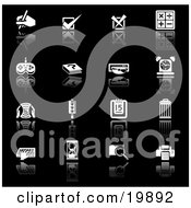 Collection Of Black And White Application Icons Of A Hand Writing Check Mark X Mark Math Symbols Controller Book Disc Alarm Clock Letter Calendar Trash Can Typing Hourglass Folder And Printer On A Black Background