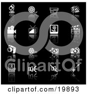 Clipart Illustration Of A Collection Of Black And White Media Icons Of A Microphone Film Reel Video Camera Music Notes Tv Polaroid Picture Clapperboard Camera Film Strip Record Player Camera Speakers And Guitar On A Black Background