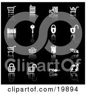 Collection Of Black And White Secure Checkout Icons Of Shopping Carts Cash Register Fire Key Castle Padlocks Tower Globe And Credit Card On A Black Background