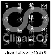 Clipart Illustration Of A Collection Of Black And White Network Icons Of A Communications Tower Computers Globe Chart Www Connections Wireless Router And Cables On A Black Background
