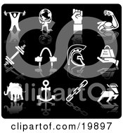 Clipart Illustration Of A Collection Of White Silhouetted Strengh Icons Of A Weightlifter Man Holding Globe Hand Muscles Weights Helmet Elephant Anchor Deer And Links On A Black Background by AtStockIllustration