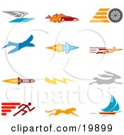 Collection Of Colorful Speed Icons Of A Winged Envelope Flaming Race Car Tire Blue Dove Flying Jet Super Hero Rocket Lightning Bolt Rabbit Runner Cheetah And Sailboat Over A White Background