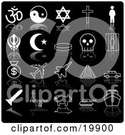 Collection Of Black And White Icons Of Religious Symbols Ying Yang Cross Person Crescent Moon Skull Prison Moneybags Airplanes Train Tracks Car Pig Tanker And Ship On A Black Background