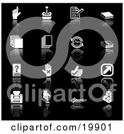 Clipart Illustration Of A Collection Of Black And White Application Icons Of A Finger With Reminder Joystick Letter Books Hands Arrows Printer Button And Calculator On A Black Background
