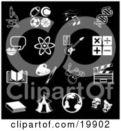 Collection Of Black And White School Subject Icons Of A Microscope Football Soccer Ball Basketball Tennis Ball Music Notes Dna Messenger Atom Guitar Multiply Divide Addition Subtraction Book Paintbrush And Palette Dna Clapboard Circus Te