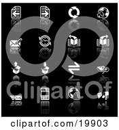 Clipart Illustration Of A Collection Of Black And White Browser Icons Of Refresh Arrows Home Page Email Compass Page Download Upload Search And News Pics On A Black Background