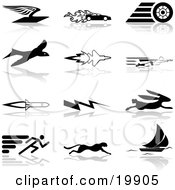 Collection Of Black Silhouetted Speed Icons Of A Flying Envelope Race Car Tire Bird Jet Super Hero Rocket Lightning Bolt Hare Sprinter Cheetah And Sail Boat Over A White Background