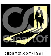 Clipart Illustration Of A Silhouetted Businessman Carrying A Briefcase Standing In A Doorway With Bright Light From Behind Casting A Shadow In Front Of Him In A Dark Room Symbolizing The Unknown Future