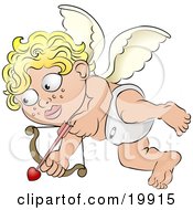 Clipart Illustration Of A Blond Haired Freckled Diapered Baby Angel With Wings Flying And Preparing To Shoot An Arrow On Valentines Day