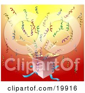 Clipart Illustration Of An Open Gift Box Spewing Out Confetti Ribbons Over A Red And Yellow Background