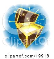 Clipart Illustration Of An Open Wooden Treasure Chest With Gold Trim And Sparks Flying Out Of A Shiny Interior