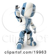 Poster, Art Print Of Friendly Blue And White Ao-Maru Humanoid Robot Standing And Waving Over A White Background