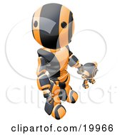 Poster, Art Print Of Humanoid Black And Orange Ao-Maru Robot Looking Upwards While Holding Hands And Walking With A Small Webcam Spybot On A White Background