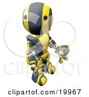 Poster, Art Print Of Humanoid Black And Yellow Ao-Maru Robot Looking Upwards While Holding Hands And Walking With A Small Webcam Spybot On A White Background