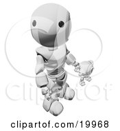 Humanoid Chrome Ao-Maru Robot Looking Upwards While Holding Hands And Walking With A Small Webcam Spybot On A White Background