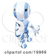 Poster, Art Print Of Humanoid Blue And White Ao-Maru Robot Looking Upwards While Holding Hands And Walking With A Small Webcam Spybot On A White Background