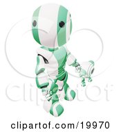Poster, Art Print Of Humanoid Green And White Ao-Maru Robot Looking Upwards While Holding Hands And Walking With A Small Webcam Spybot On A White Background