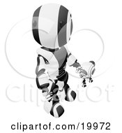 Clipart Illustration Of A Humanoid Black And White Ao Maru Robot Looking Upwards While Holding Hands And Walking With A Small Webcam Spybot On A White Background