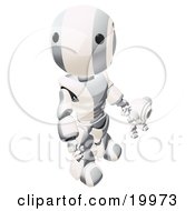 Poster, Art Print Of Humanoid Metallic And White Ao-Maru Robot Looking Upwards While Holding Hands And Walking With A Small Webcam Spybot On A White Background