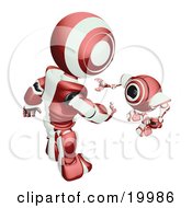 Short Maroon And White Spybot Webcam Looking Up And Talking With A Humanoid Robot On A White Background