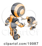 Poster, Art Print Of Short Black And Orange Spybot Webcam Looking Up And Talking With A Humanoid Robot On A White Background