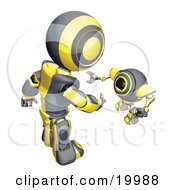 Poster, Art Print Of Short Black And Yellow Spybot Webcam Looking Up And Talking With A Humanoid Robot On A White Background
