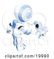 Poster, Art Print Of Short Blue And White Spybot Webcam Looking Up And Talking With A Humanoid Robot On A White Background