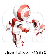 Poster, Art Print Of Short Red And White Spybot Webcam Looking Up And Talking With A Humanoid Robot On A White Background