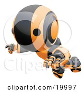 Poster, Art Print Of Clumsy Black And Orange Ao-Maru Humanoid Robot Falling Face First To The Ground Over A White Background