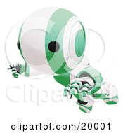 Poster, Art Print Of Clumsy Green And White Ao-Maru Humanoid Robot Falling Face First To The Ground Over A White Background