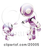 Poster, Art Print Of Purple And White Humanoid Robot Bending Over Slightly To Speak To A Short Webcam Spybot On A White Background