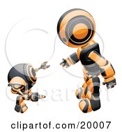 Poster, Art Print Of Black And Orange Humanoid Robot Bending Over Slightly To Speak To A Short Webcam Spybot On A White Background