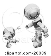 Poster, Art Print Of Metallic Humanoid Robot Bending Over Slightly To Speak To A Short Webcam Spybot On A White Background