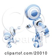 Poster, Art Print Of Blue And White Humanoid Robot Bending Over Slightly To Speak To A Short Webcam Spybot On A White Background